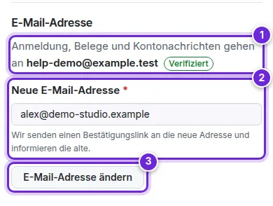 Einstellungen → Konto: die aktuelle Adresse, das Feld „Neue E-Mail-Adresse“ und „E-Mail-Adresse ändern“ sind von 1 bis 3 nummeriert.