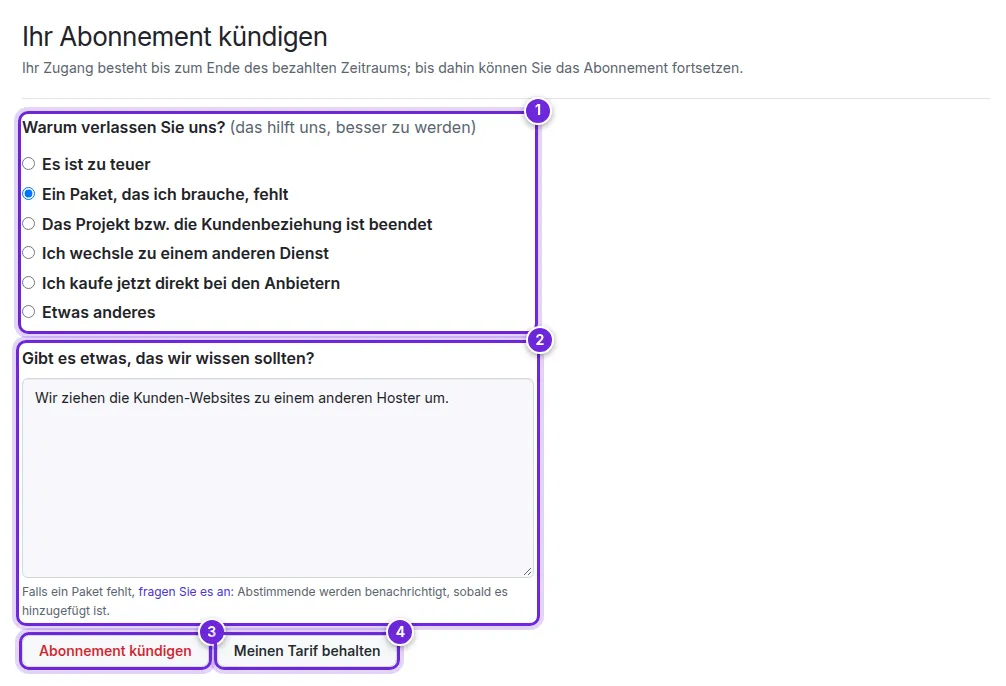 Die Seite Ihr Abonnement kündigen: die Gründe, das Kommentarfeld, Abonnement kündigen und Meinen Tarif behalten, nummeriert von 1 bis 4.