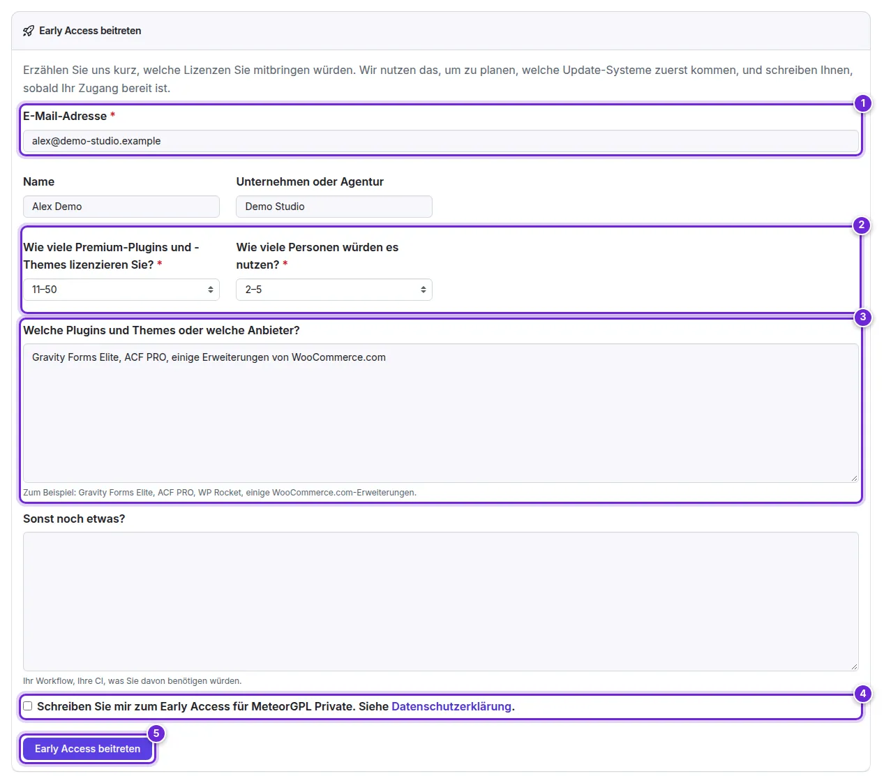 Das Formular Early Access beitreten: E-Mail-Adresse, die beiden Auswahlfelder, das Feld für Plugins, die Einwilligung und die Schaltfläche, nummeriert von 1 bis 5.