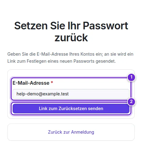 Die Seite „Passwort zurücksetzen“ mit dem Feld für die E-Mail-Adresse und „Link zum Zurücksetzen senden“.