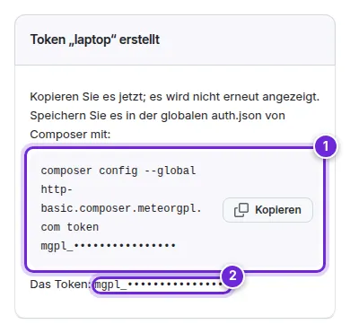 Das Feld Token „laptop“ erstellt, mit dem Befehl composer config und dem Token.