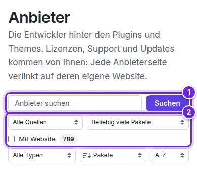 Das Anbieterverzeichnis mit seinem Suchfeld und den Filtern für Quelle, Anzahl der Pakete, Website und Verifiziert.