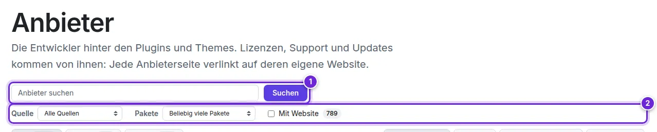 Das Anbieterverzeichnis mit seinem Suchfeld und den Filtern für Quelle, Anzahl der Pakete, Website und Verifiziert.