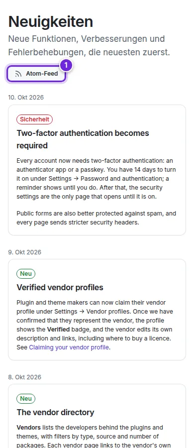 Die Seite Neuigkeiten mit ihren Einträgen und dem Link zum Atom-Feed.