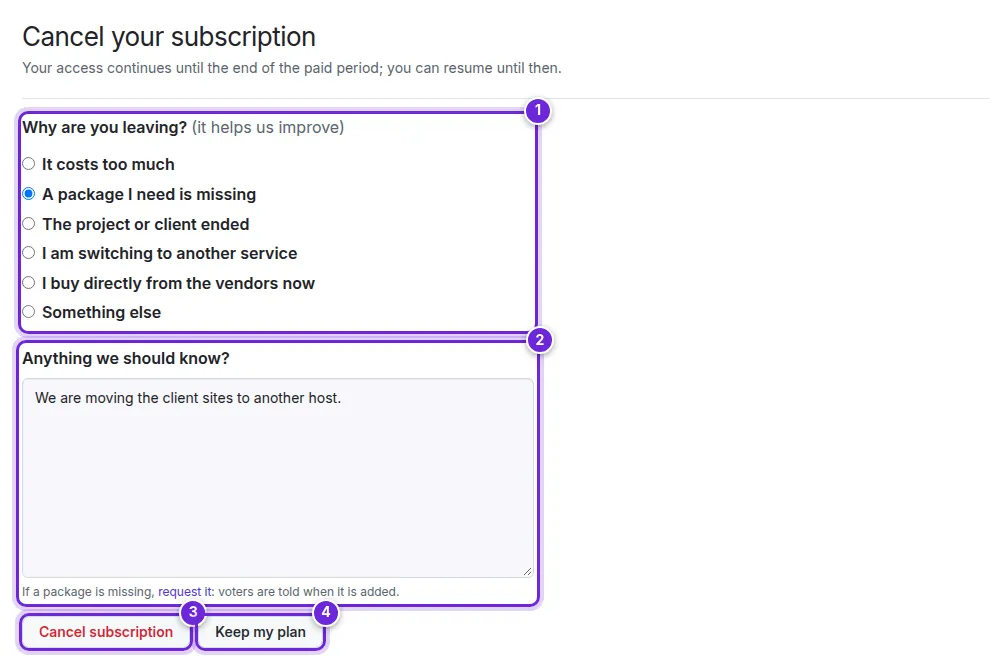 The Cancel your subscription page: the reasons, the comment field, Cancel subscription and Keep my plan numbered 1 to 4.