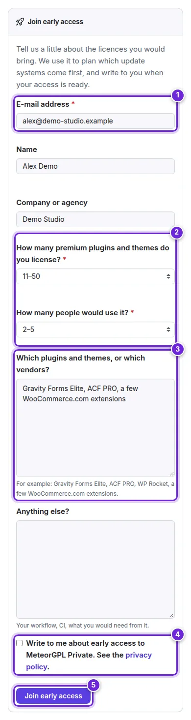The Join early access form: e-mail address, the two choices, the plugins field, the consent and the button numbered 1 to 5.