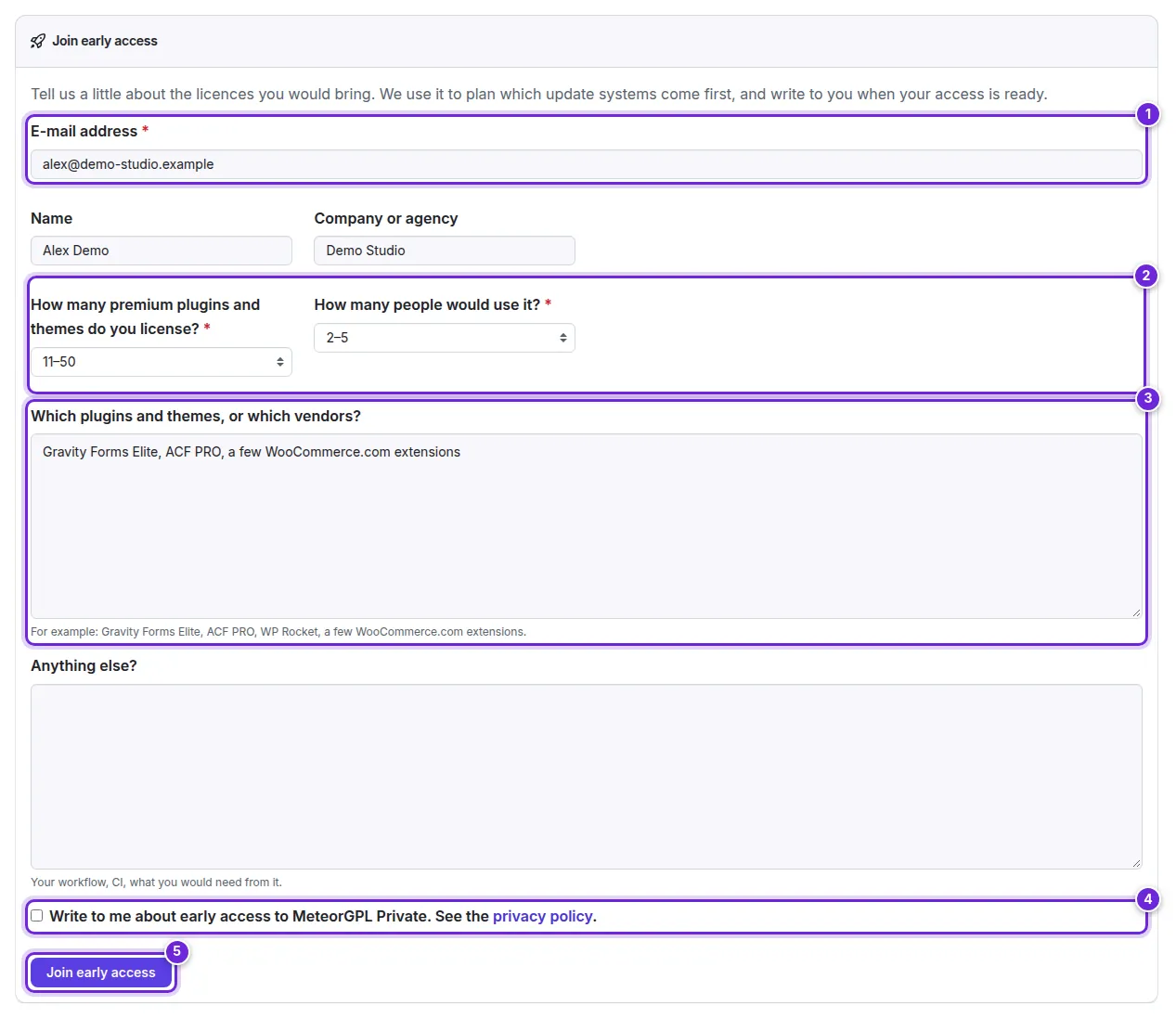 The Join early access form: e-mail address, the two choices, the plugins field, the consent and the button numbered 1 to 5.