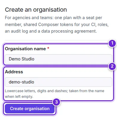 Create an organisation: the name, the address and Create organisation numbered 1 to 3.