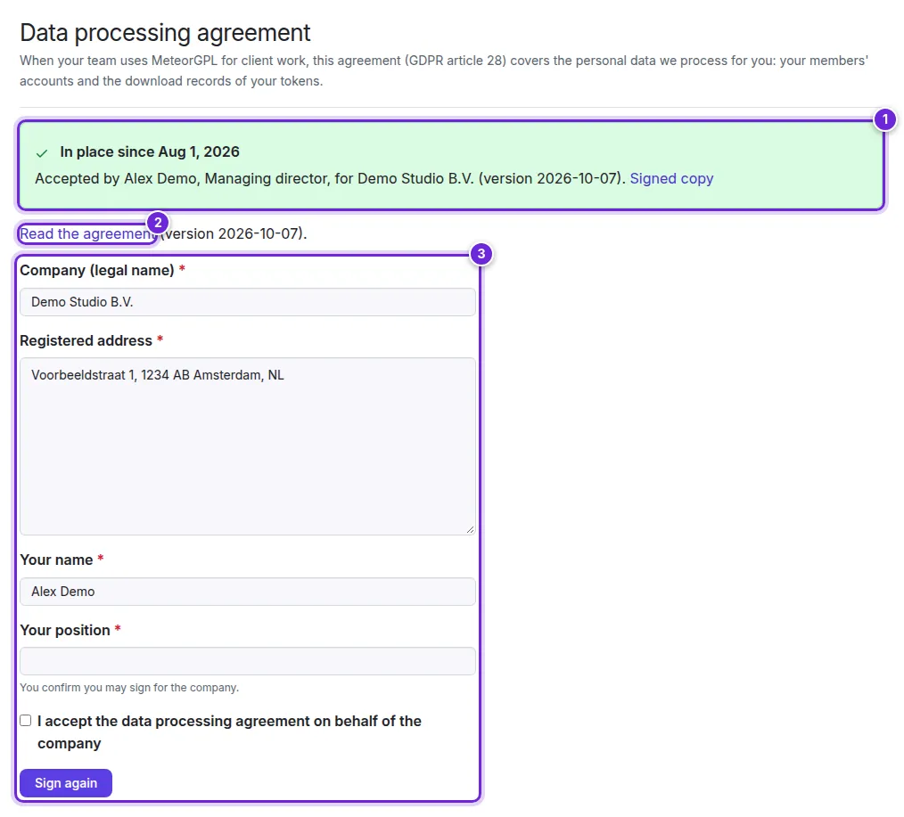 The Data processing page: the agreement in place, the link to read it and the form to sign it numbered 1 to 3.