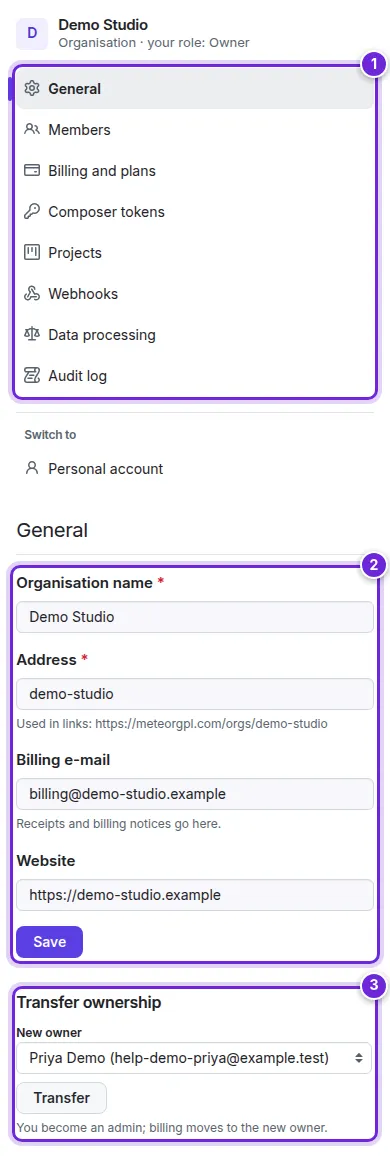 The organisation's General page: the menu, the settings form and Transfer ownership numbered 1 to 3.