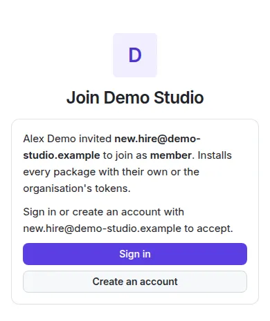 The invitation page: Join Demo Studio, with Sign in and Create an account.