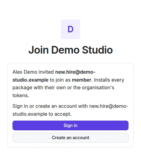 The invitation page: Join Demo Studio, with Sign in and Create an account.