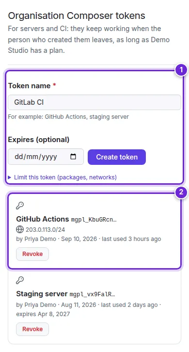 Organisation Composer tokens: the create form and the list of tokens with their limits and last use.