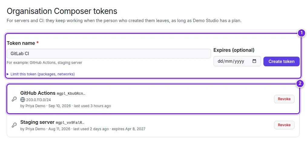 Organisation Composer tokens: the create form and the list of tokens with their limits and last use.