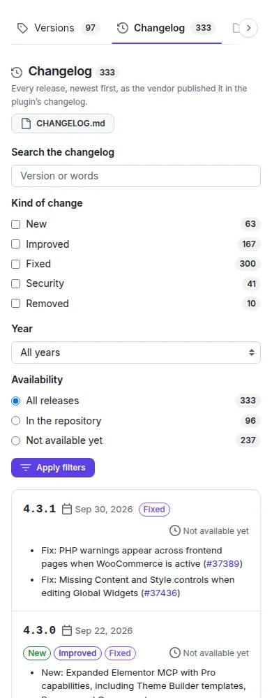 The Changelog tab with release entries and the filters on the right.