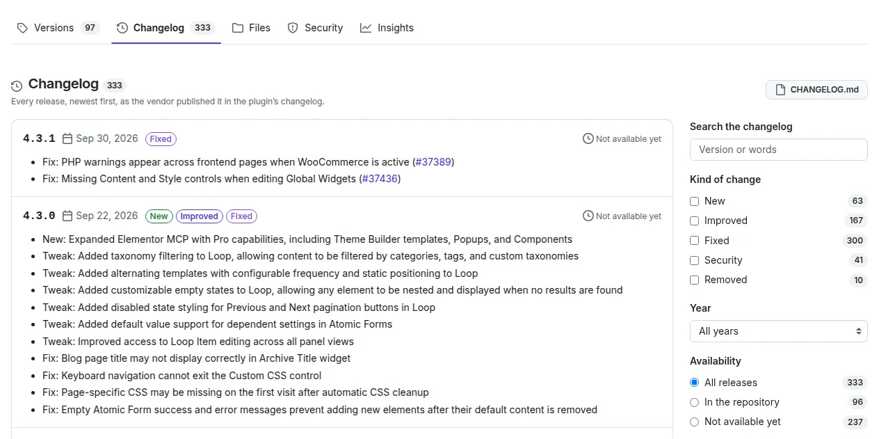 The Changelog tab with release entries and the filters on the right.