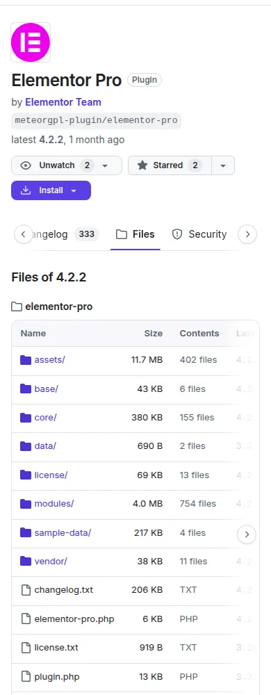 The Files tab: the folder tree of the latest version and the side panels with languages and package contents.