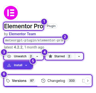 The header of the Elementor Pro page: name, Composer name, Watch, Star and Install buttons and the tabs numbered 1 to 6.
