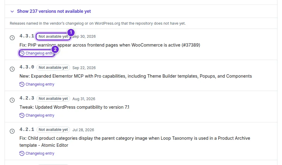 The unfolded list of versions not available yet, each labelled Not available yet with a link to its changelog entry.