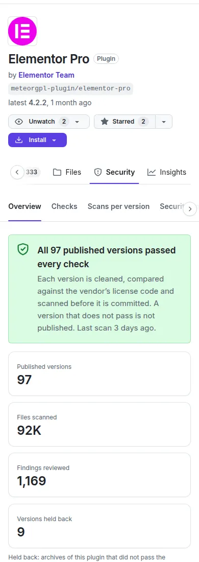 The Security tab: the overview with the number of published versions and the list of checks.