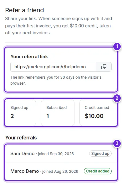 Settings → Refer a friend: the referral link with its copy button, the three counters and the list of referrals numbered 1 to 3.
