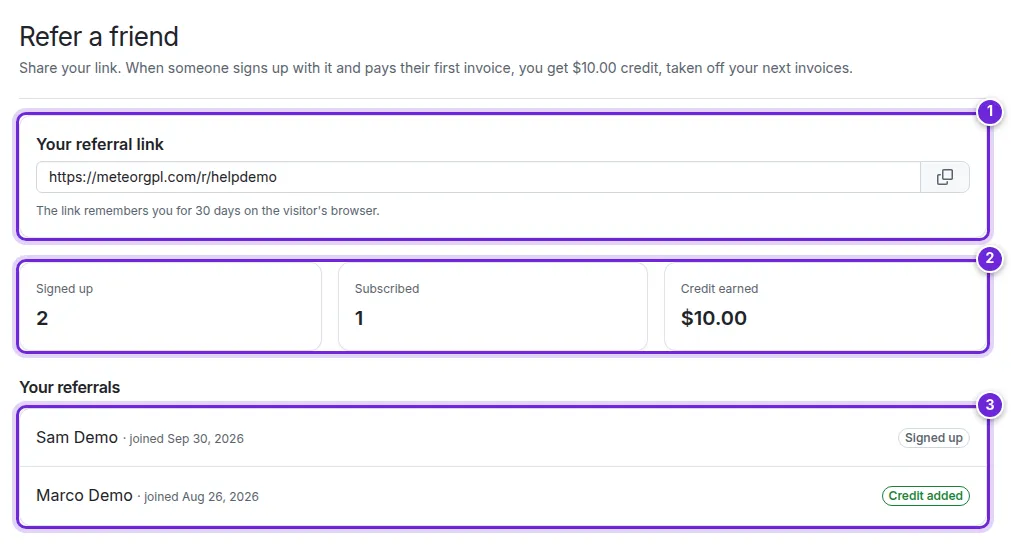 Settings → Refer a friend: the referral link with its copy button, the three counters and the list of referrals numbered 1 to 3.