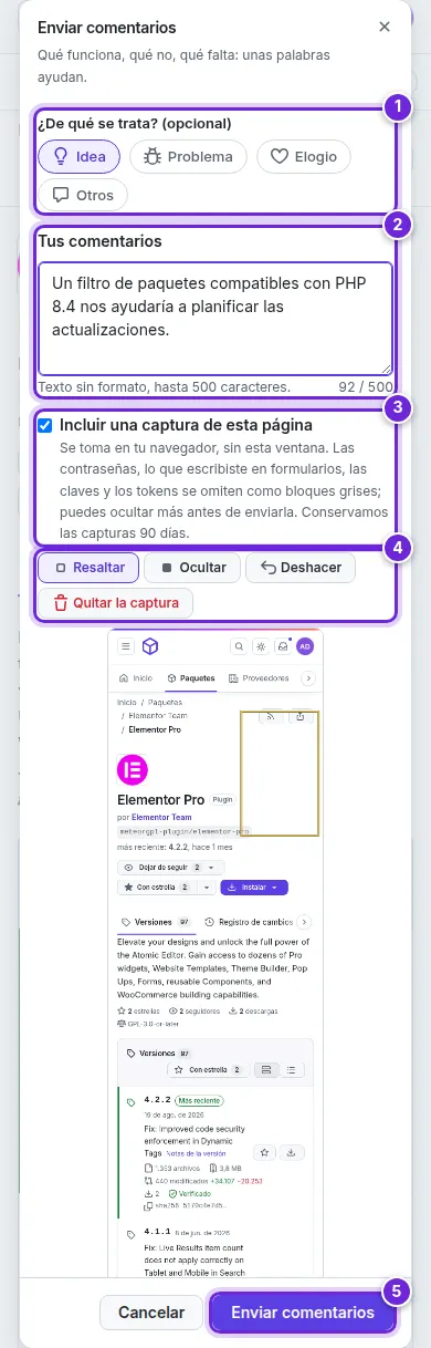La ventana Enviar comentarios: las categorías, el texto, la opción de captura, las herramientas Resaltar y Ocultar sobre la captura con un recuadro amarillo, y Enviar comentarios, numerados del 1 al 5.