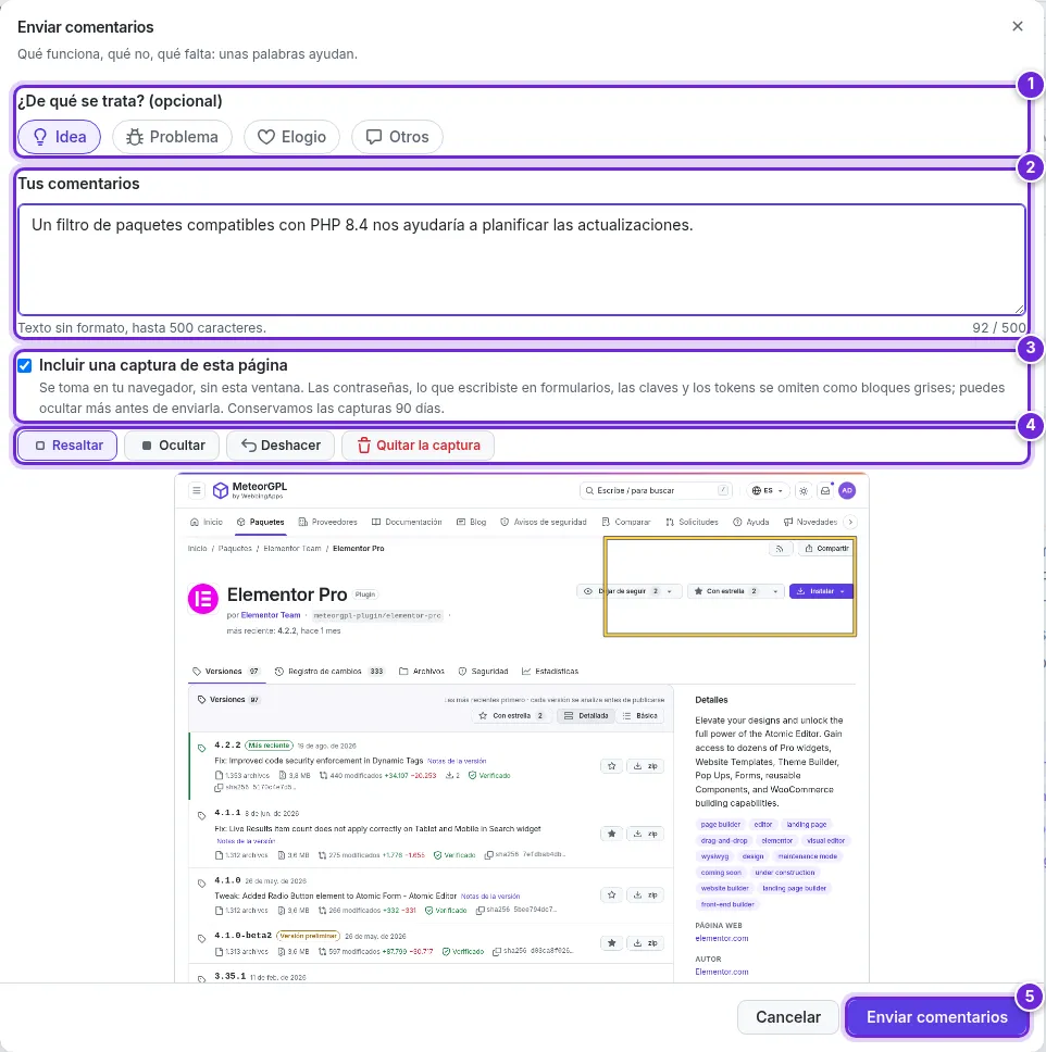 La ventana Enviar comentarios: las categorías, el texto, la opción de captura, las herramientas Resaltar y Ocultar sobre la captura con un recuadro amarillo, y Enviar comentarios, numerados del 1 al 5.