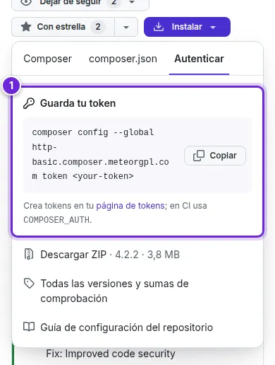 El menú Instalar en la página de un paquete con la pestaña Autenticar abierta: el comando que guarda el token.