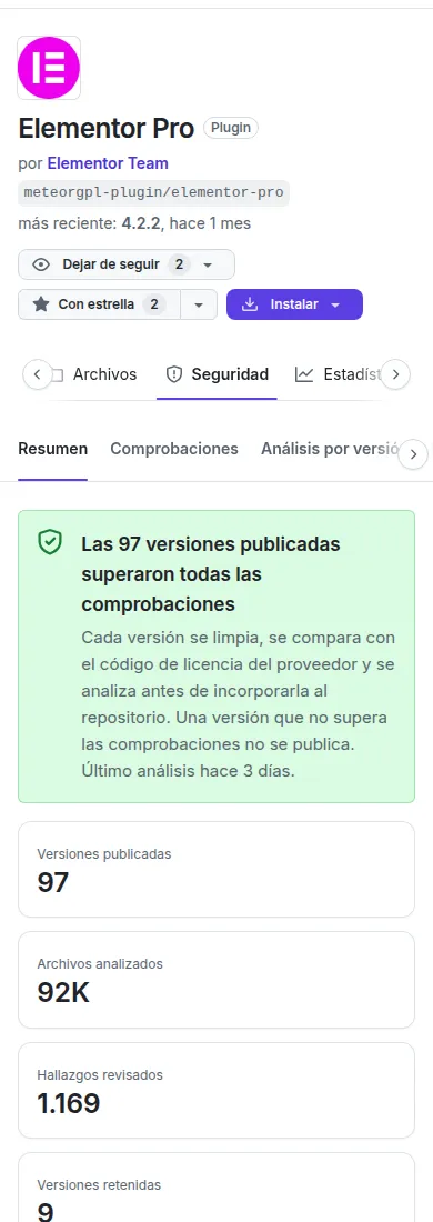 La pestaña Seguridad de un paquete: el resumen de las versiones publicadas y la lista de comprobaciones.
