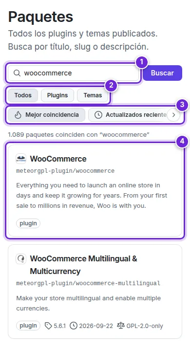 La página Paquetes buscando «woocommerce»: el cuadro de búsqueda, el filtro Todos / Plugins / Temas, los botones de orden y la tarjeta del primer resultado, numerados del 1 al 4.