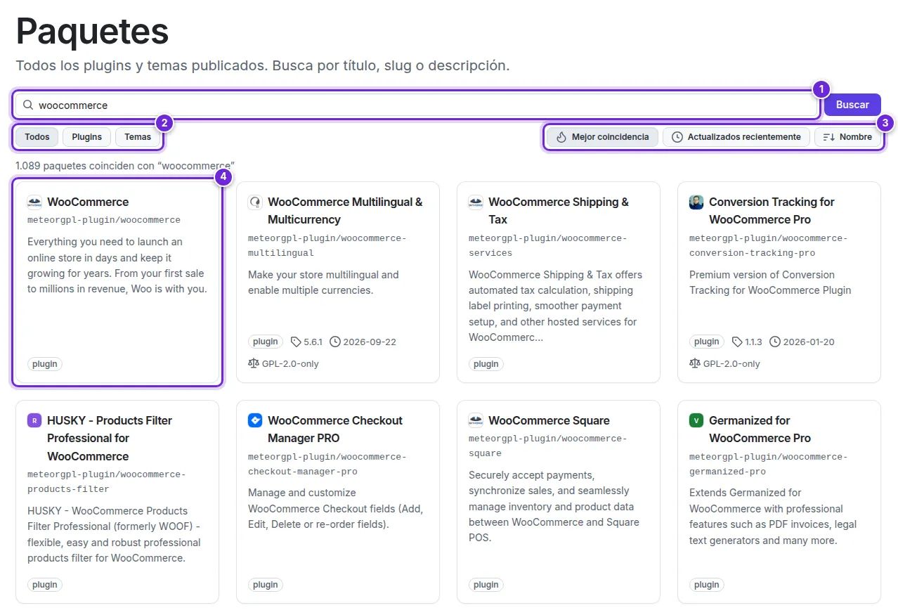 La página Paquetes buscando «woocommerce»: el cuadro de búsqueda, el filtro Todos / Plugins / Temas, los botones de orden y la tarjeta del primer resultado, numerados del 1 al 4.