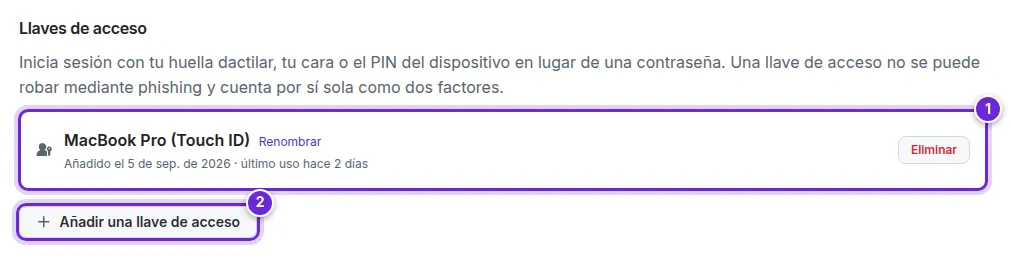 La sección Llaves de acceso con una llave de acceso y el botón Añadir una llave de acceso.