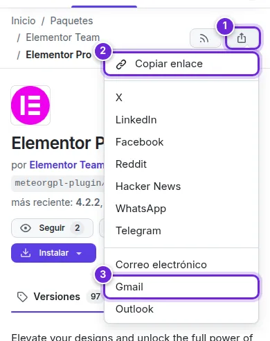 El menú Compartir abierto en la página de un paquete: el botón Compartir, Copiar enlace y la lista de redes y servicios de correo.