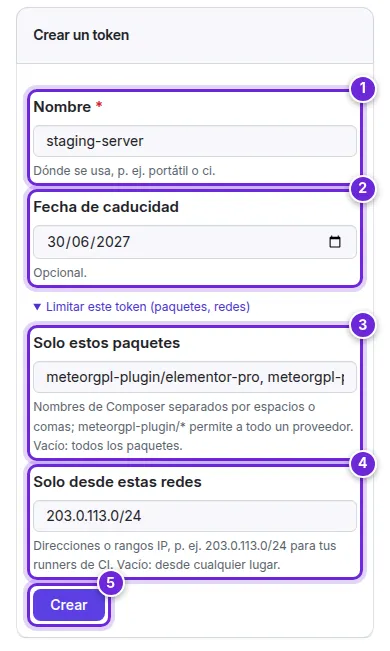 El formulario Crear un token con el nombre, la fecha de caducidad, los límites de paquetes y redes y el botón Crear, numerados del 1 al 5.