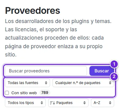 El directorio Proveedores con su cuadro de búsqueda y los filtros de fuente, número de paquetes, sitio web y Verificado.