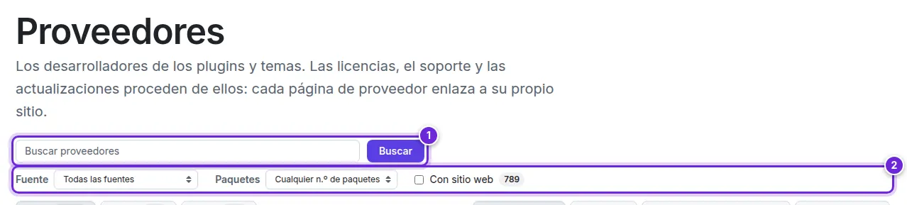 El directorio Proveedores con su cuadro de búsqueda y los filtros de fuente, número de paquetes, sitio web y Verificado.