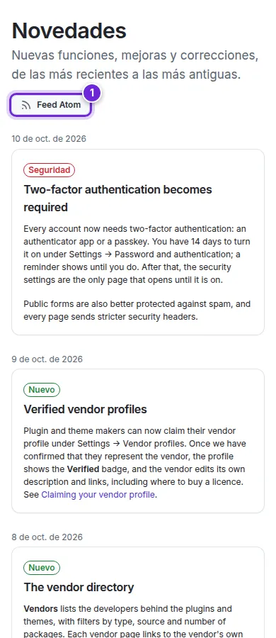 La página Novedades con sus entradas y el enlace al feed Atom.