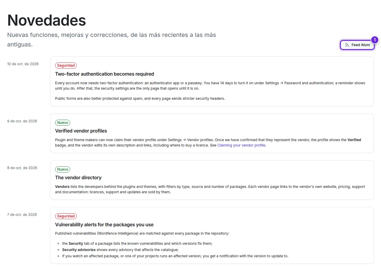La página Novedades con sus entradas y el enlace al feed Atom.