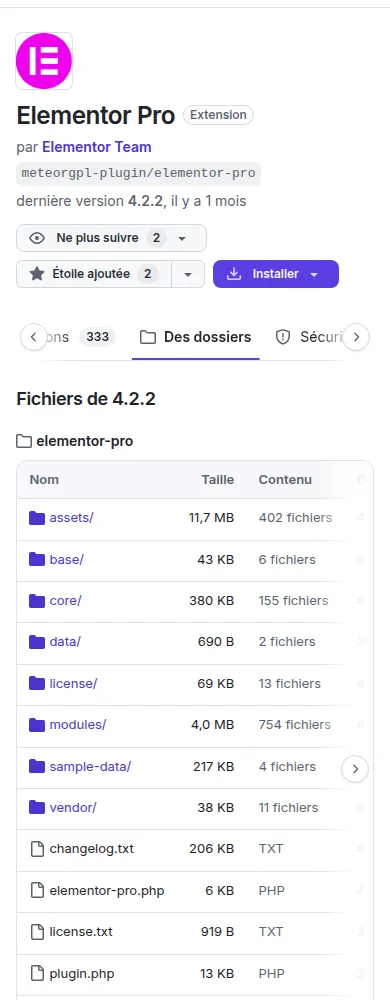 L’onglet Fichiers : l’arborescence des dossiers de la dernière version et les panneaux latéraux avec les langages et le contenu du paquet.