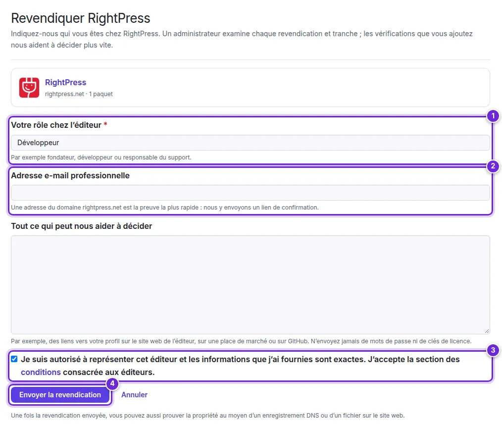 Le formulaire de revendication : votre rôle, l’adresse e-mail professionnelle, la confirmation et Envoyer la revendication, numérotés de 1 à 4.