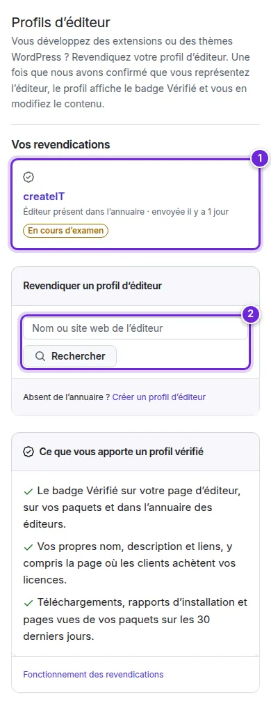 Paramètres → Profils d’éditeur : vos revendications et la recherche pour revendiquer un profil d’éditeur.
