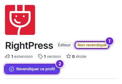 Une page d’éditeur vue par un visiteur connecté : l’étiquette Non revendiqué et le bouton Revendiquer ce profil.