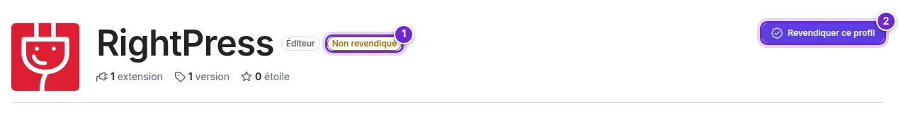Une page d’éditeur vue par un visiteur connecté : l’étiquette Non revendiqué et le bouton Revendiquer ce profil.