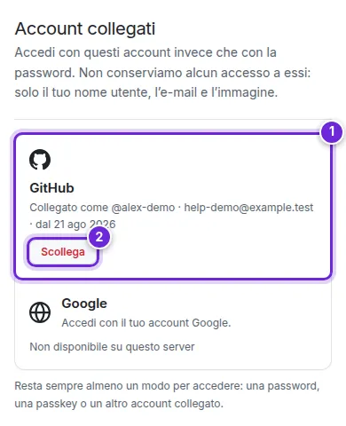 Impostazioni → Account collegati: GitHub collegato, con Scollega.