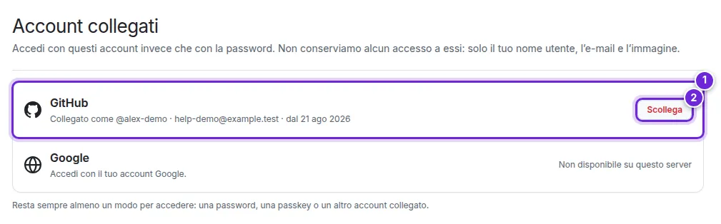 Impostazioni → Account collegati: GitHub collegato, con Scollega.