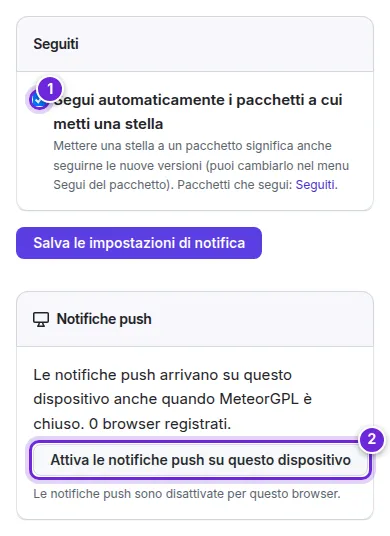 Il riquadro Seguiti con Segui automaticamente i pacchetti a cui metti una stella, e il riquadro Notifiche push con Attiva le notifiche push su questo dispositivo.