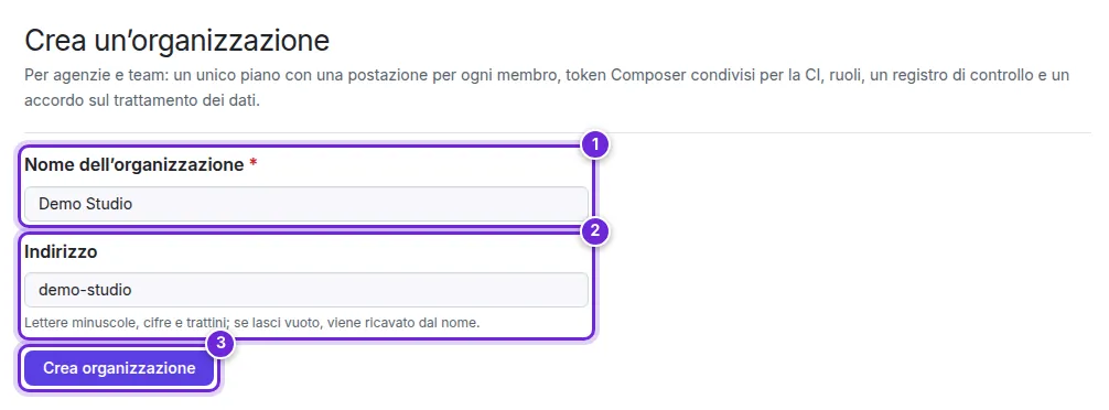 Crea un’organizzazione: il nome, l’indirizzo e Crea organizzazione, numerati da 1 a 3.