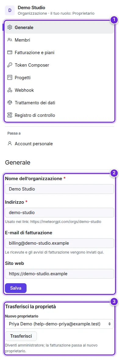 La pagina Generale dell’organizzazione: il menu, il modulo delle impostazioni e Trasferisci la proprietà, numerati da 1 a 3.