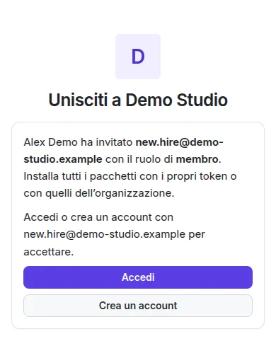 La pagina dell’invito: Unisciti a Demo Studio, con Accedi e Crea un account.